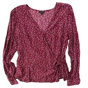 Talbots Wrap Top Size Large Maroon Floral Blouse Cottagecore Boho Spring Office